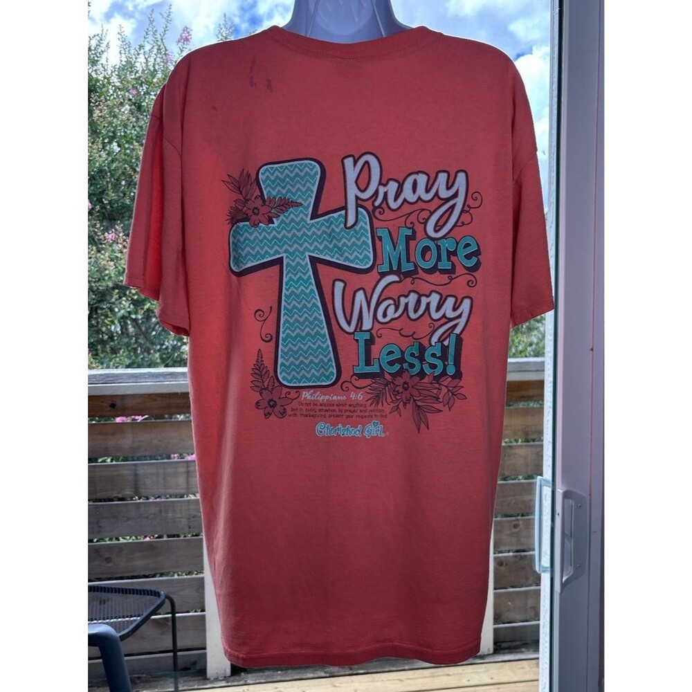Large Cherished Girl Coral Pink Chevron Faux Pocket T-Shirt